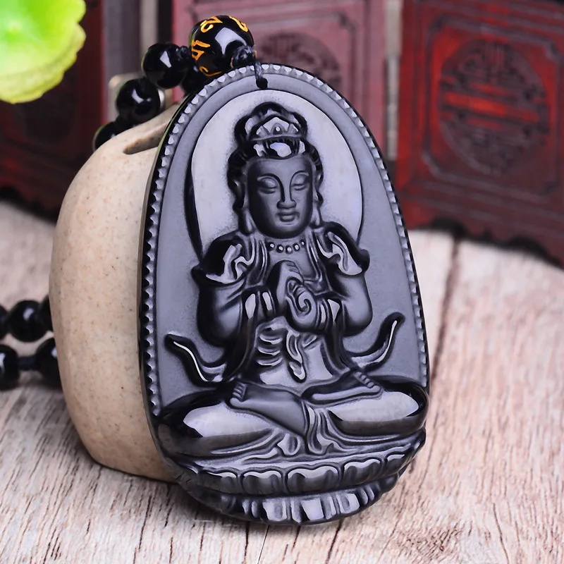 Buddha Pendant Men Women Lucky Wealth Amulet Necklace Black Obsidian Carved Eight Guardians Lucky Beaded Rope Pendants Jewelry