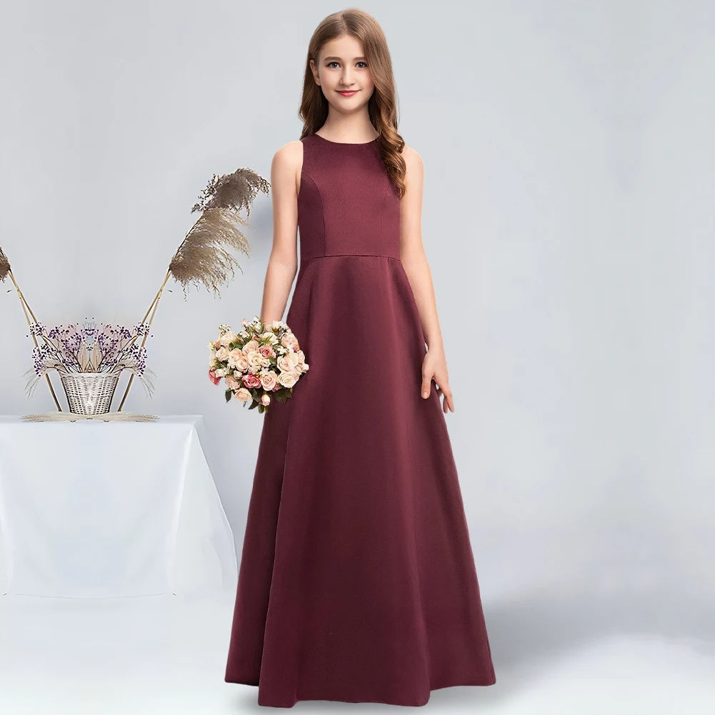 A-line Scoop Floor-Length Satin Junior Bridesmaid Dress Cabernet Flower Girl Dress for Wedding Teen Dress For Special Occasions