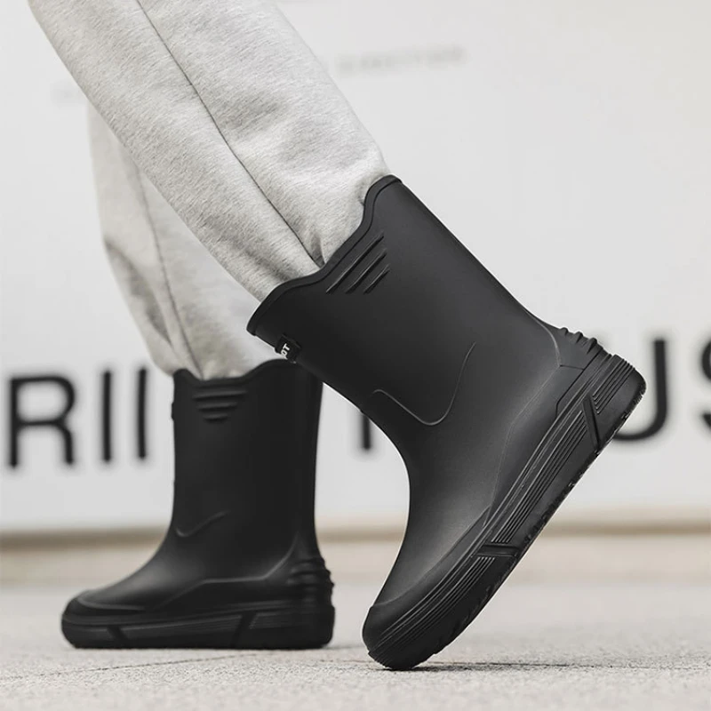 Men Rain Boots Mid-calf Boots PVC Waterproof Work Shoes Non-slip Rubber Rain Shoe Men Outdoor Fishing Boot Women Platform Boots