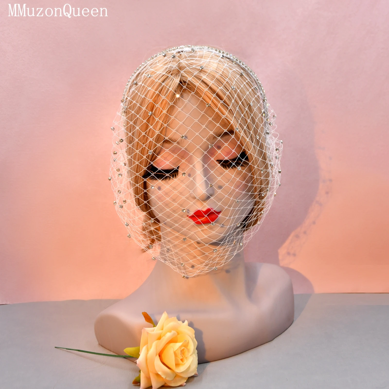 

TOPQUEEN VA09-W Белая сексуальная женская фата с блестящими стразами, сетчатая повязка на голову, украшение для волос, фата-кейп