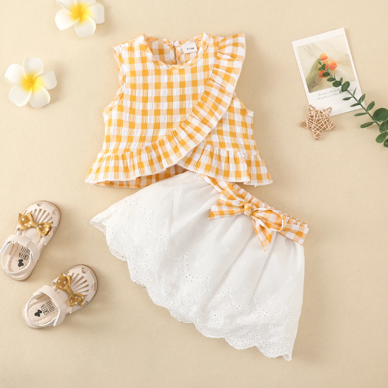 Charming Girls\' Summer Ensemble: Sleeveless Plaid Ruffle Top & Lace Hem Skirt - Comfy, Durable & Stylish