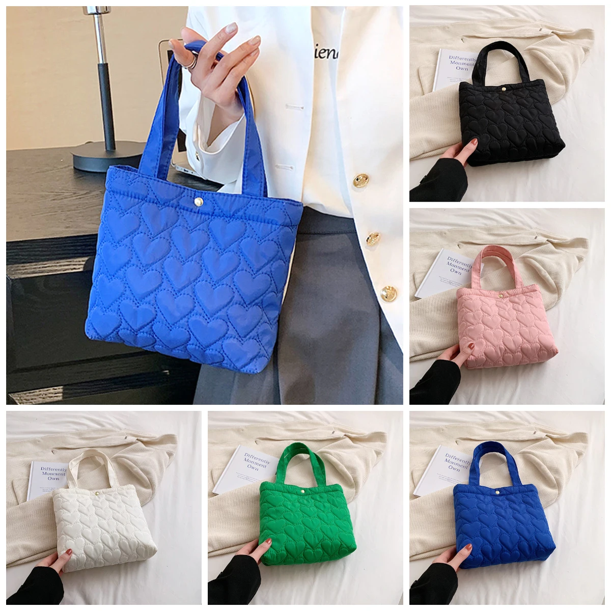 Fashion Heart Quilted Tote Bag Solid Color Large Capacity Handbag Ladies Shoulder Bag Travel Storage Bag Satchel Shopping Bag