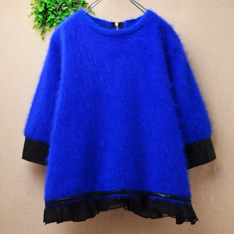 Ladies Women Spring Autumn Cute Hairy Angora Rabbit Hair Knitted Short Sleeves O-Neck Loose Pullover Mink Fur Sweater Jumper Top