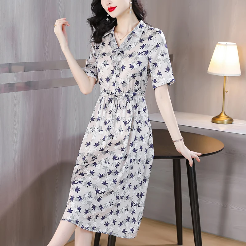 

2023 Summer Short Sleeves Casual Silk Women's Dress Fragmented Maple Leaf V-Neck Satin Wrapped Waist Slim Shirt Skirt