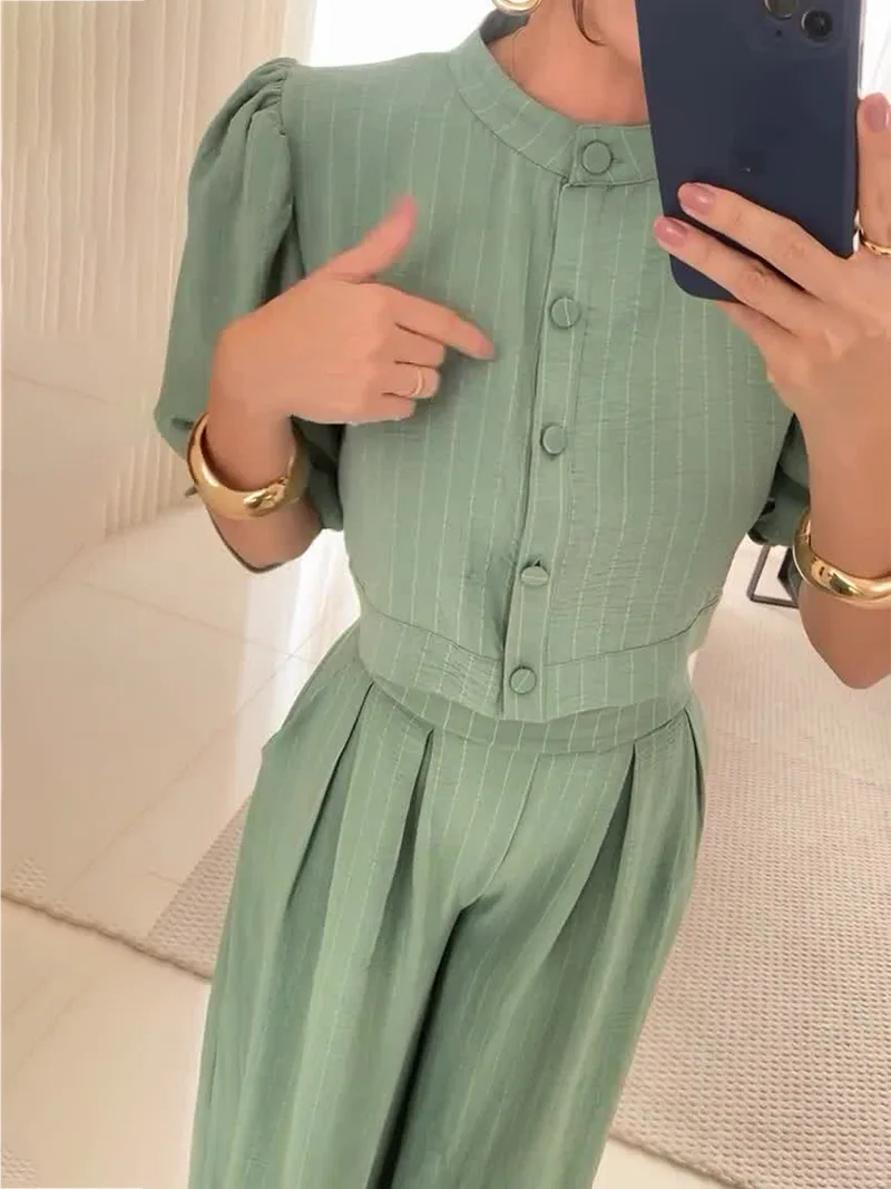 2024 summer new women's fashion striped mid-sleeve top pant suit