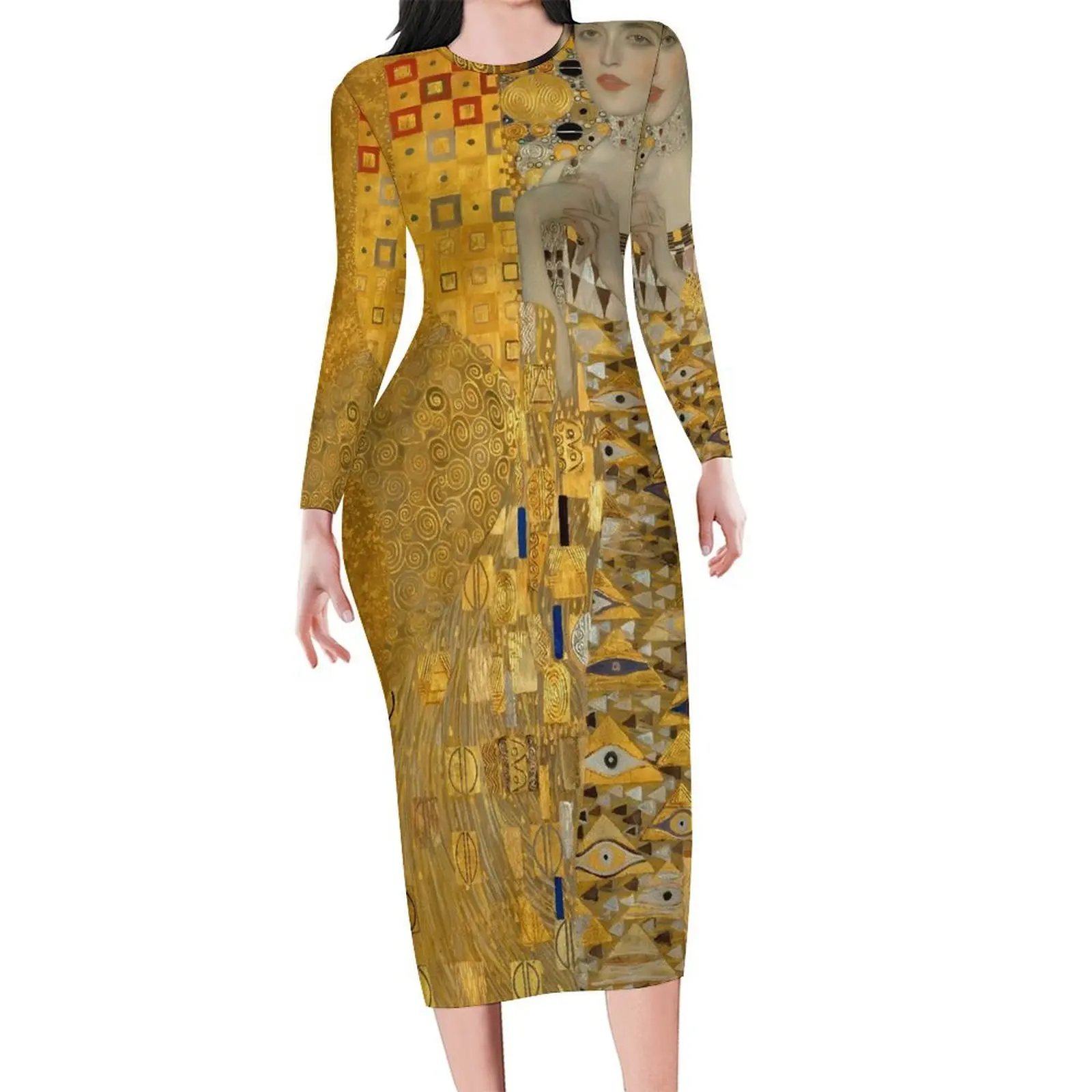 Gustav Klimt Bodycon Dress Womens Adele Bloch Bauer Trendy Dresses Autumn Long Sleeve Street Wear Graphic Dress 3XL 4XL 5XL