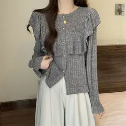 Female Clothing Ruffles Knitted Cardigan Chic Spliced Autumn Winter Solid Color Basic O-Neck French Style Long Sleeve Sweaters