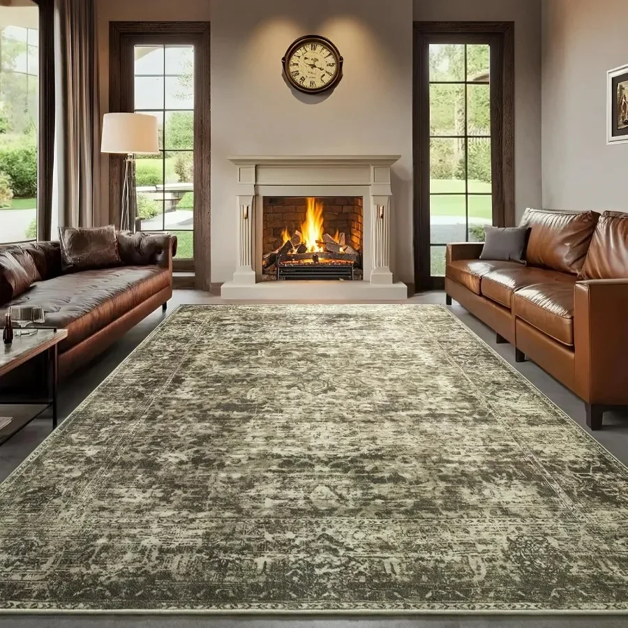 

8x10 Area Rugs for Living Room Large Washable Brown Rug Thin Non Slip Low Pile Carpet Vintage Abstract Boho Rug for Bedroom Din