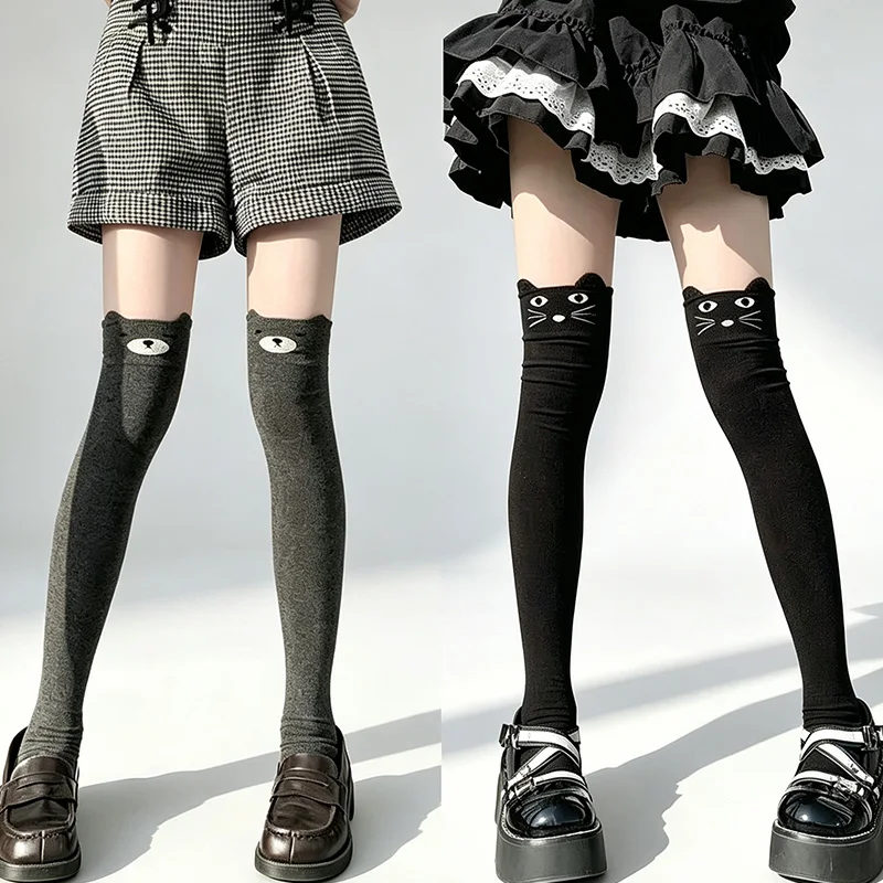 Kawaii Bear Thigh High Socks for Women Cartoon Cat Design Harajuku Style Autumn Winter Long Stockings Black Grey Student Lolita