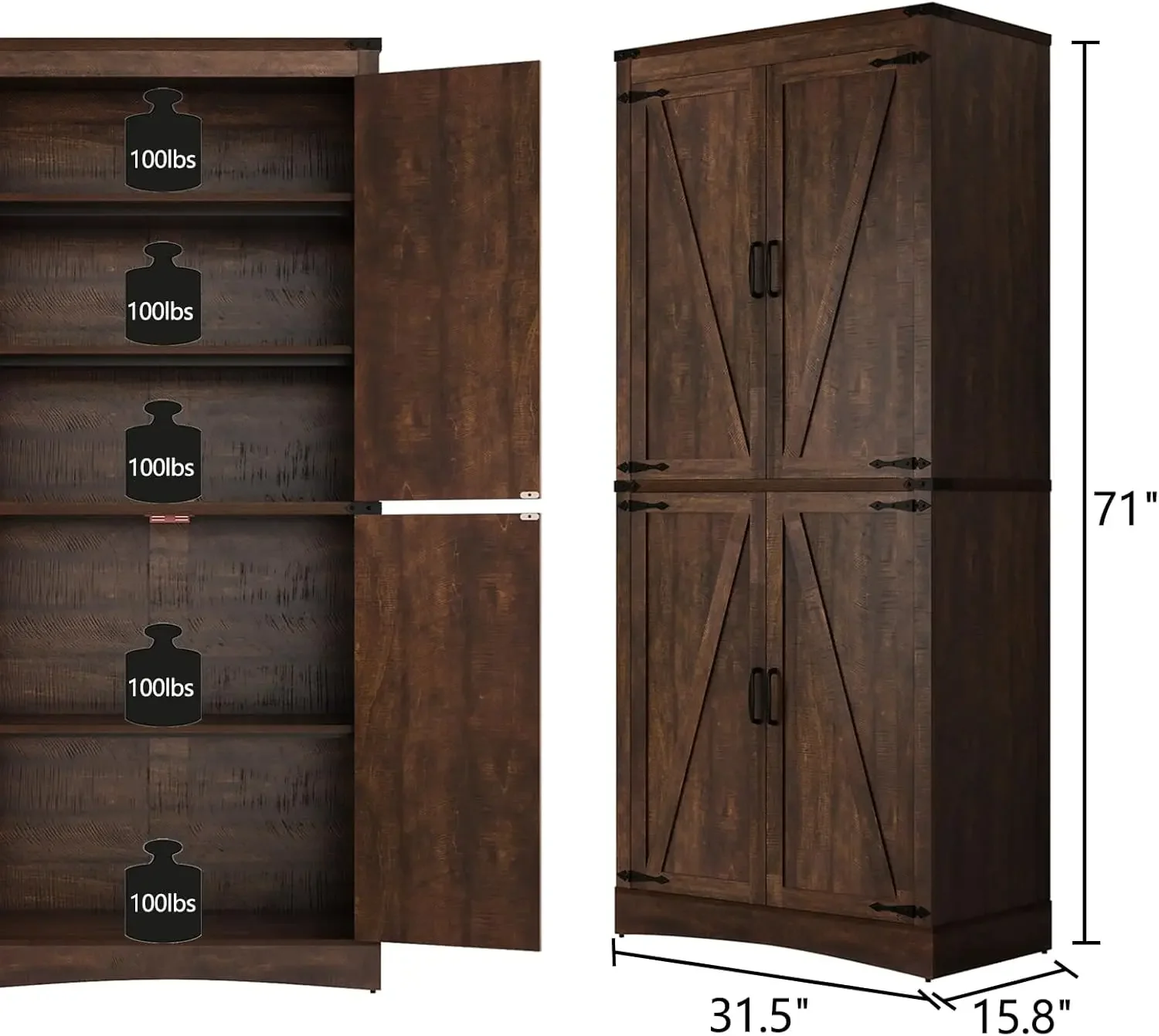 71in Farmhouse Kitchen Pantry Cabinet,Tall Storage Cabinet with 4 Doors and Adjustable shelves,with Load-Bearing Steel Pipe