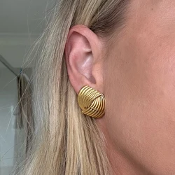 Retro Textured Intersecting Earrings for Women Multilayer Gold Color Stainless Steel Statement Stud Earring Waterproof Jewelry