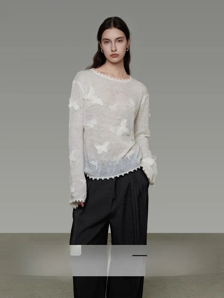 

Decorated Knitted Top Women's Slim Fit Spring Faionable Breathable round Ne Long Sve Casual Wear