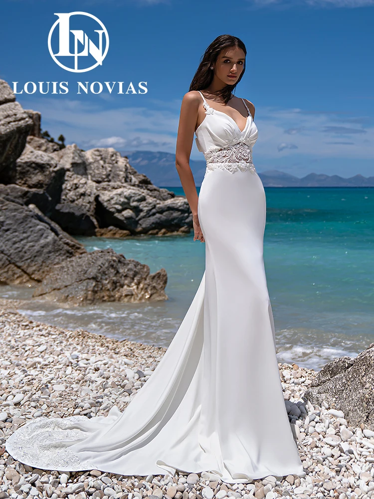 

LOUIS NOVIAS Mermaid Wedding Dresses For Women Elegant Spaghetti Straps Backless Satin Appliques Wedding Gown Vestidos De Novia