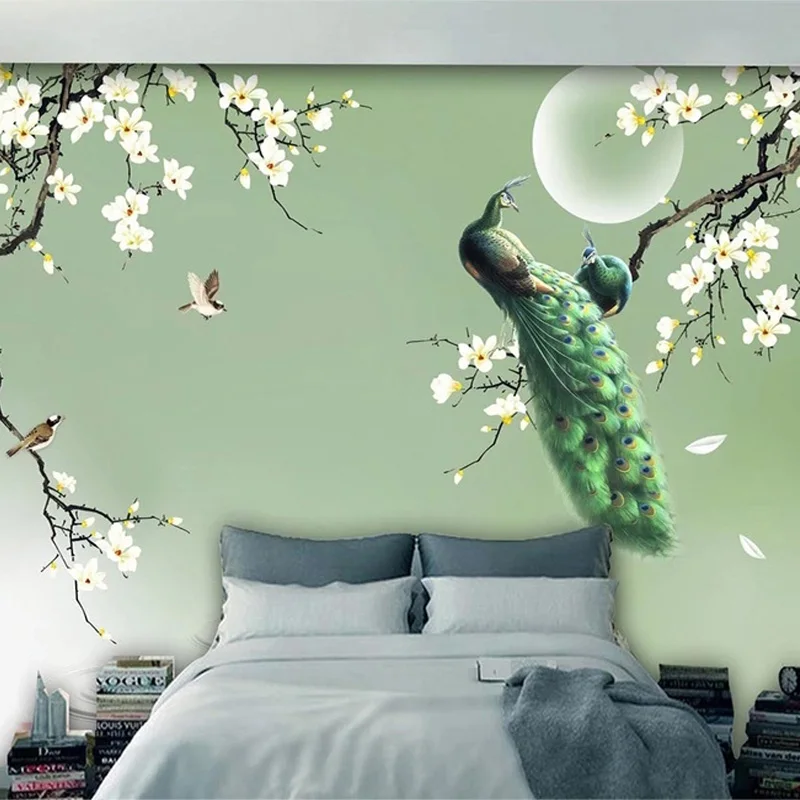 Customized products Mural Wallpaper Chinese Style Hand-painted Magnolia Green Peacock Flowers Birds Living Room TV 3D bedroom 8d