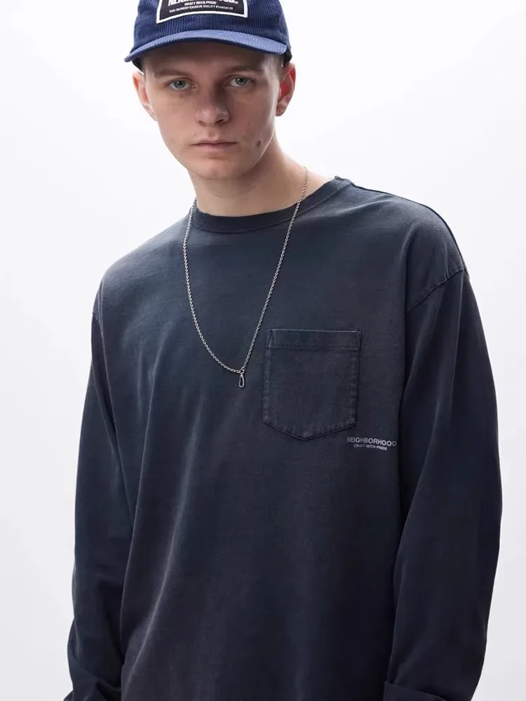 Trendy Brand Heavy-duty Washed Old Loose Casual Long Sleeved Wax Printed Pocket T-Shirts for Men 25SS