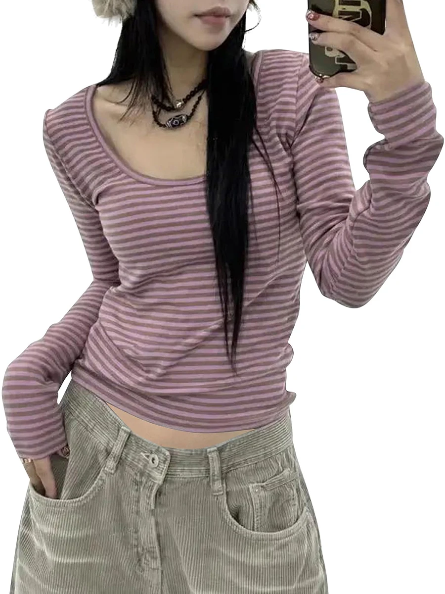 Women's Chic Casual Striped T-Shirts Scoop Neck Long Sleeve Vintage Crop Tops Ladies Spring Fall Tees Grunge Streetwear