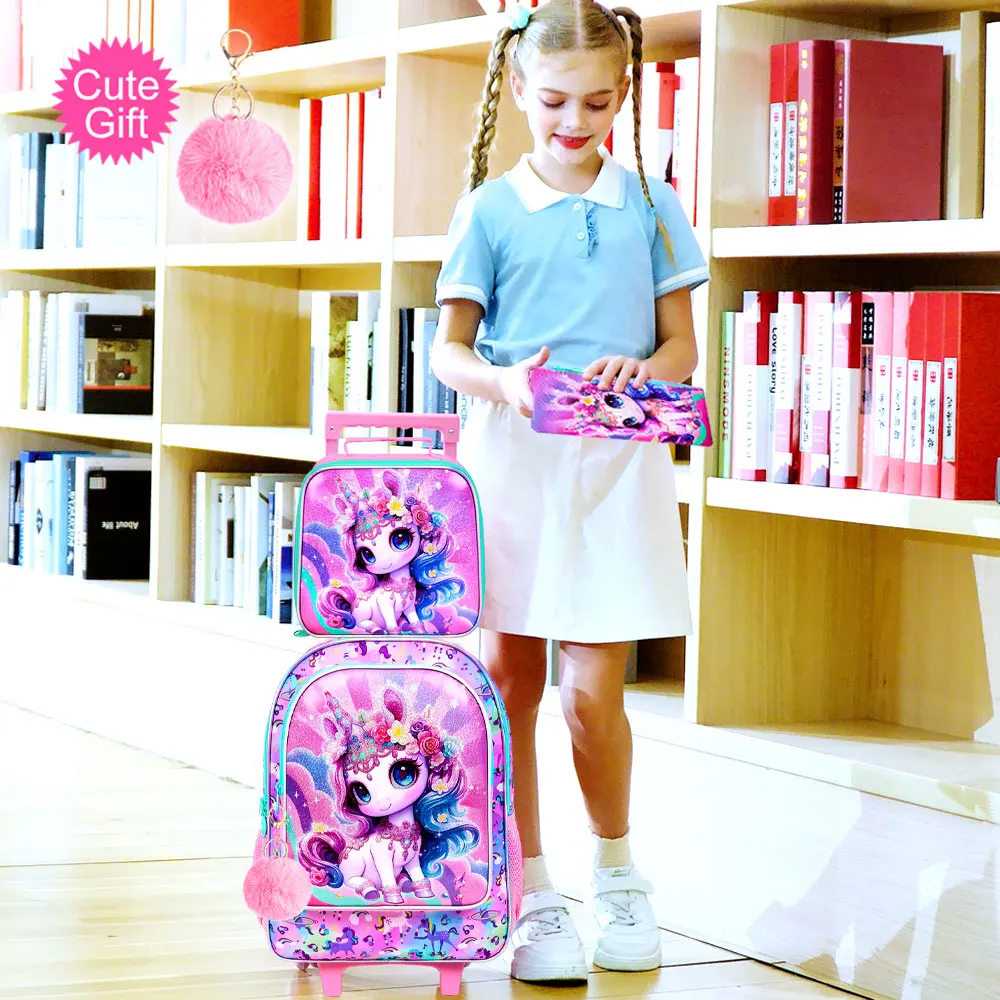

3Pcs Rolling Backpack for Girls, Kids Roller School Backpack with Wheels, Unicorn Wheeled Bookbag for Elementary Preschool Kinde