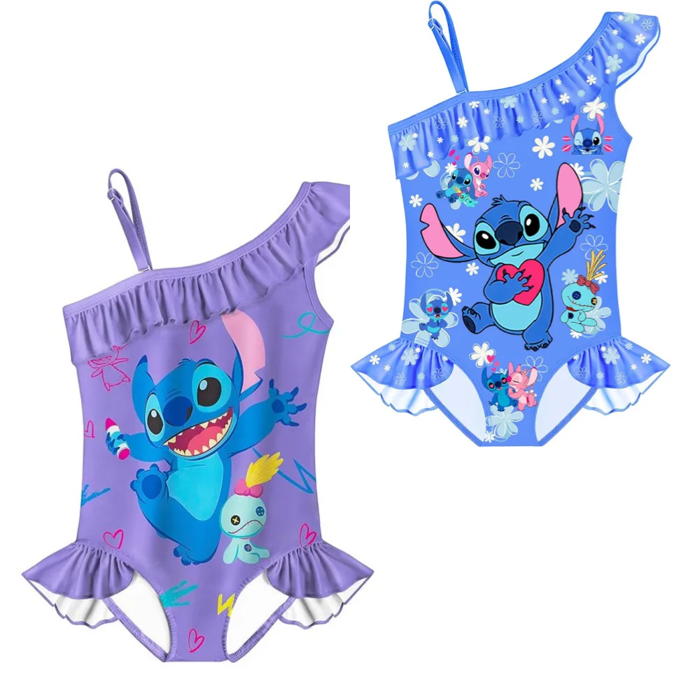 

Цельный купальник Disney Stitch для девочек, кавайный купальник с рюшами по краям, аниме, окружающая модная одежда, подарки для девочек