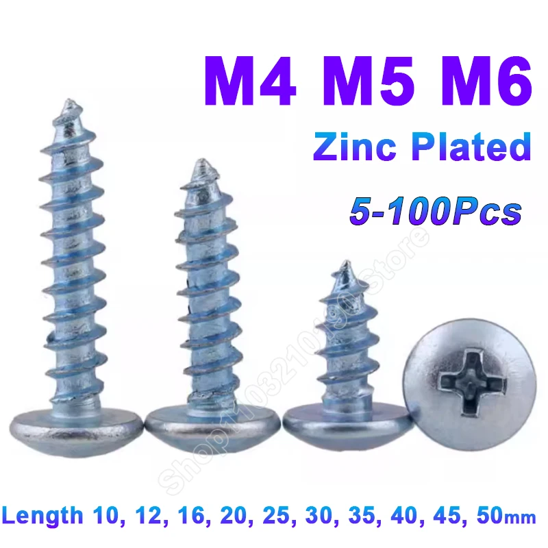 

5-100pcs M4 M5 M6 Zinc Plated Phillips Truss Head Self Tapping Screws Cross Recessed Round Mushroom Head Screw Length 10-50mm