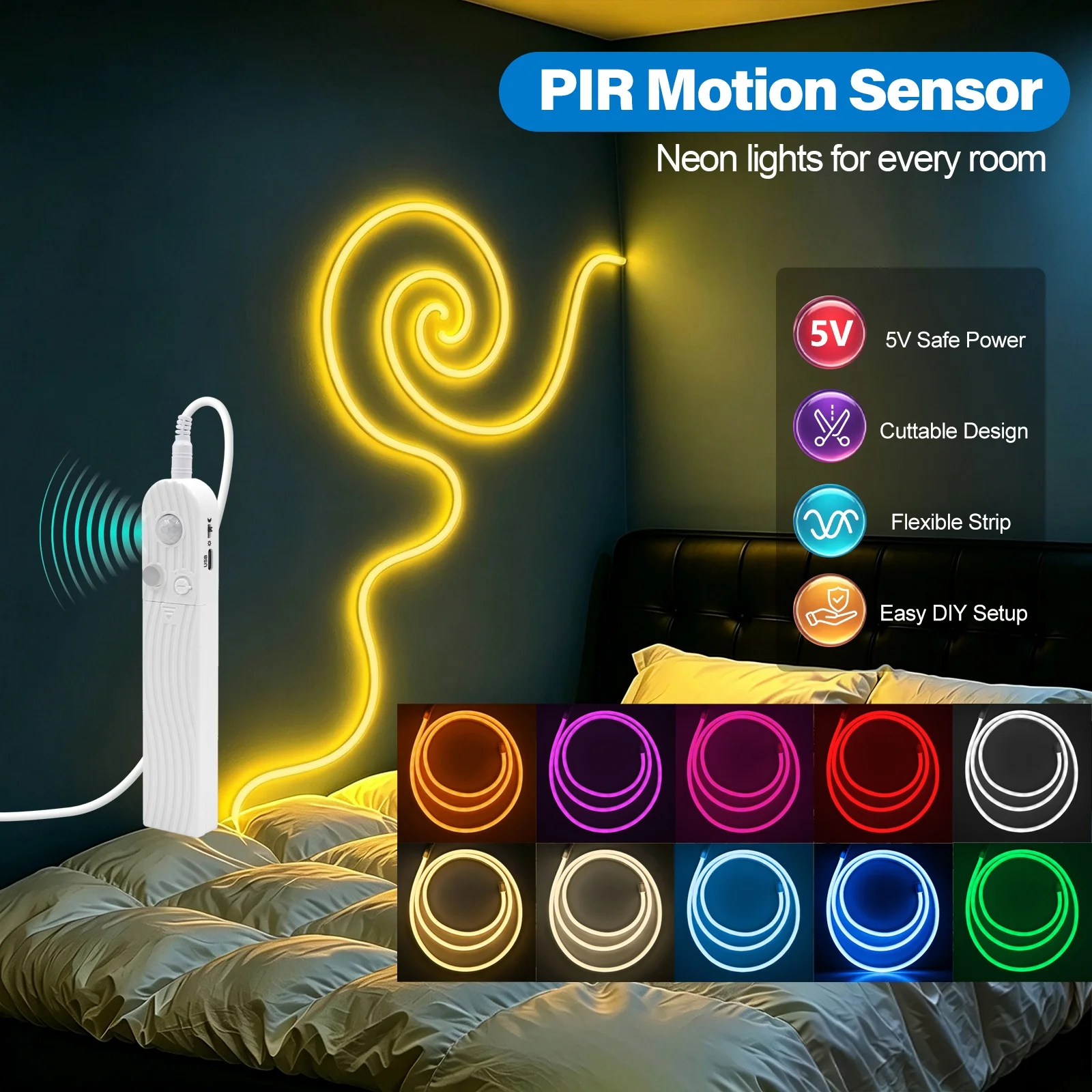 PIR Motion Sensor Battery Powered LED Strip Neon Light Auto ON/OFF 5V Night Lights Waterproof for Kitchen Wardrobe Bedside Decor