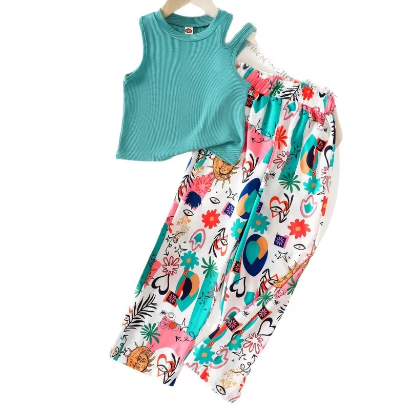 Girls trousers suit summer new Europe  United States dig hole strapless vest fashion printing trousers girls two-piece suit