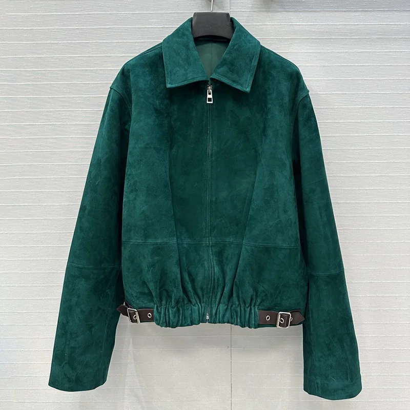 

Top-quality luxury women's coat suede and sheepskin pleated hem genuine leather button-up high-waist jacket outerwear 251020122