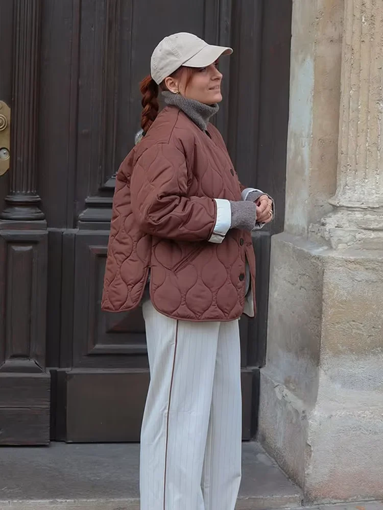 

Simple Casual Round Neck Button Jacket Women's Fashion Brown Long Sleeve Cotton Pockets Coat 2025 Autumn Winter Lady Outerwear