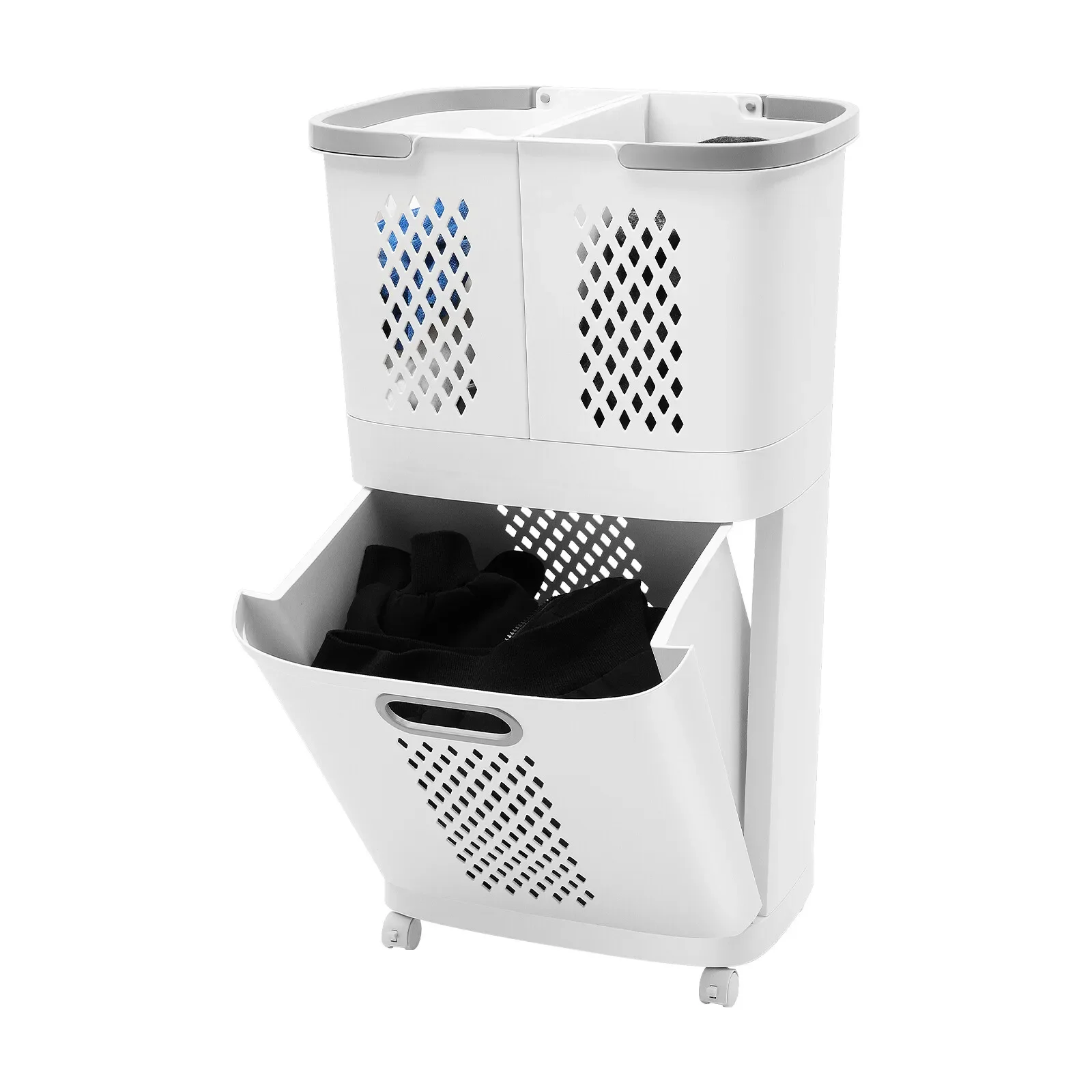 

3-Tier Laundry Hamper with Wheels Detachable Wall Mounted Laundry Basket Breathable PP Dirty Clothes Organizer for Bathroom Bedroom