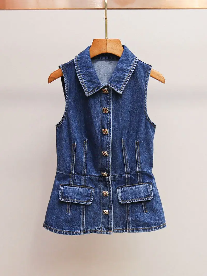 Women Denim Set Turn-down Collar Sleeveless Single Breasted Jacket or Pleated High Waist A-Line Mini Skirt