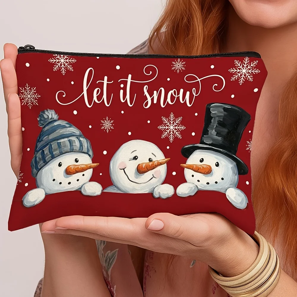 Festive Christmas Red Background Three Cute Snowmen Let It Snow Letter Snowflake Cosmetic Bag Portable Travel Makeup Pouch Gift