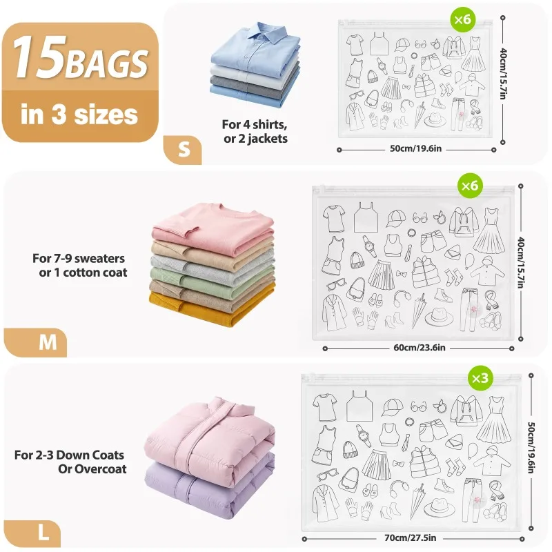 15 Pack Vacuum Storage Bags Rechargeable Pump, Vacuum Storage Bags Space Saver,  Vacuum Compression Bags for Clothes, Bedding