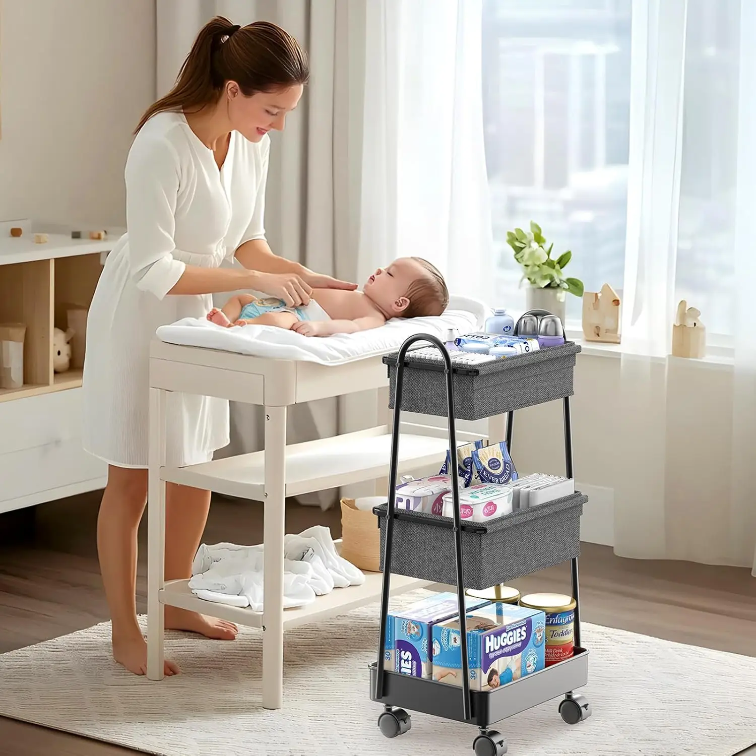 3 Tier Rolling Cart-Baby Diaper Caddy Organizer Cart Newborn Baby Nursery Essentials Large Capacity Easy to Assemble for Bedroom