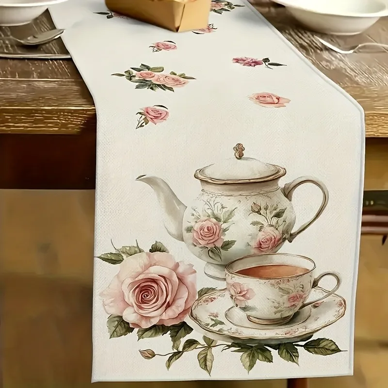 Chemin de table floral magnolia blanc, écharpe de table en tissu imprimé à rayures verticales et motif de grain de bois, pièce maîtresse de style botanique champêtre.