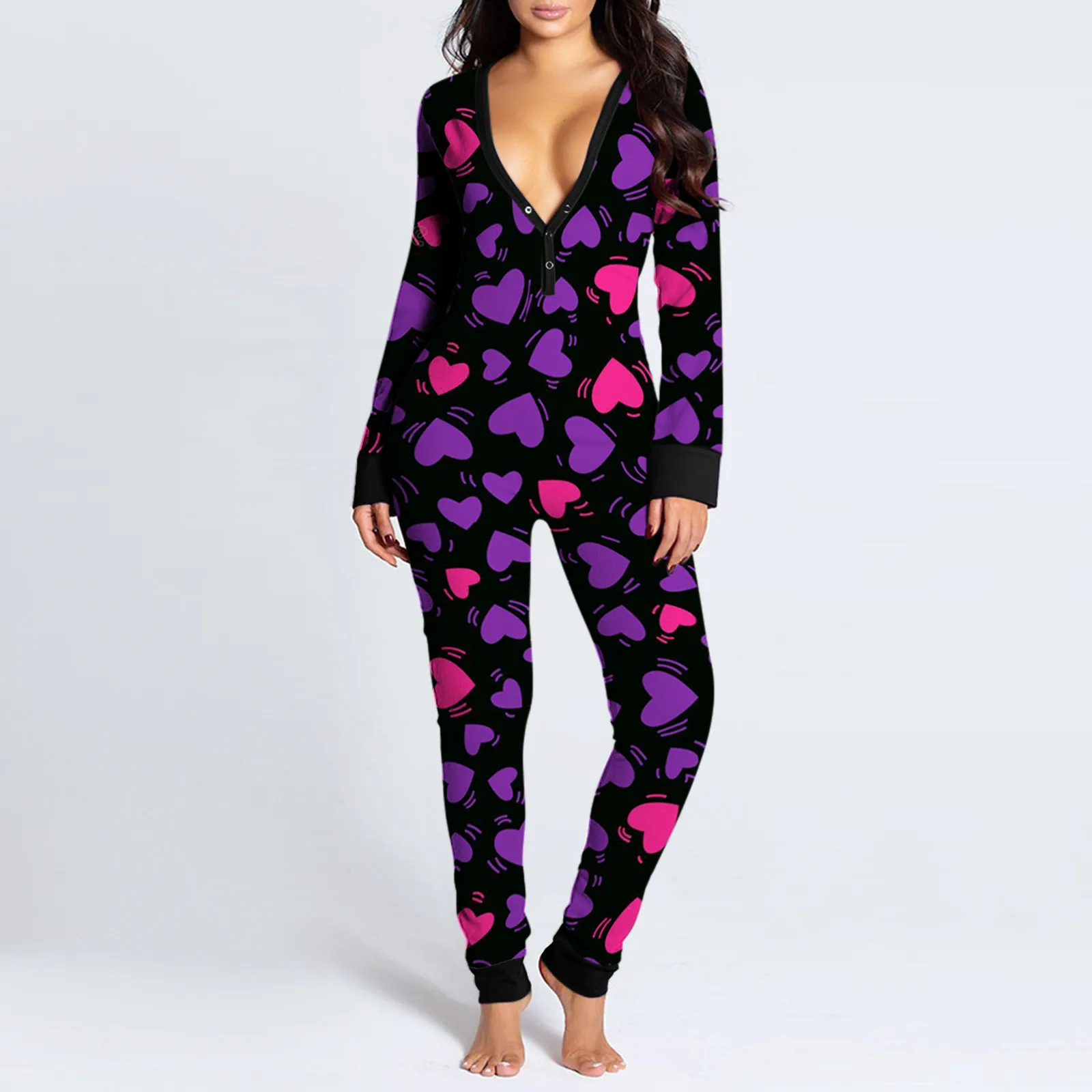 Women Heart Love Lipstick Print Jumpsuit Long Sleeve Half Button Up Sleepwear Romper Sexy Open Crotch Bodysuit Corset Onesises