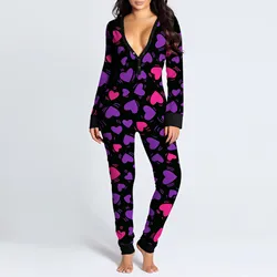 Coração feminino amor batom macacão estampado, manga longa, roupa de dormir de meio botão, macacão, sexy bodysuit de fenda aberta, espartilho Onesises