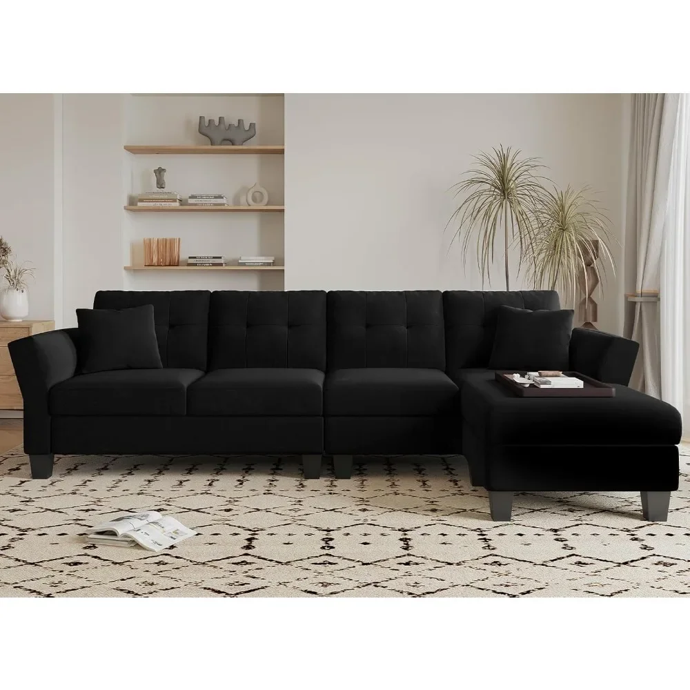 

Convertible Sectional Couch Velvet L Shaped Sofa 4 Seat Sofa With Chaise L-Shaped Couches Reversible Sectional Sofa|