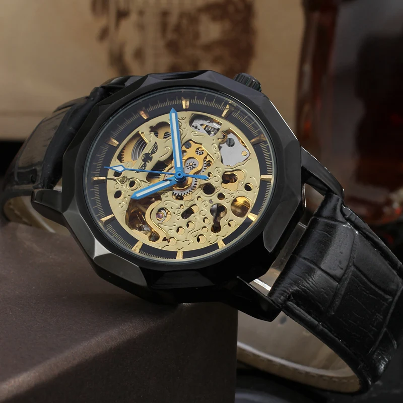 T-winner Mechanical watch Hollow bar nail scale blue hand mechanical watch Men and women watch Black belt wrist watch