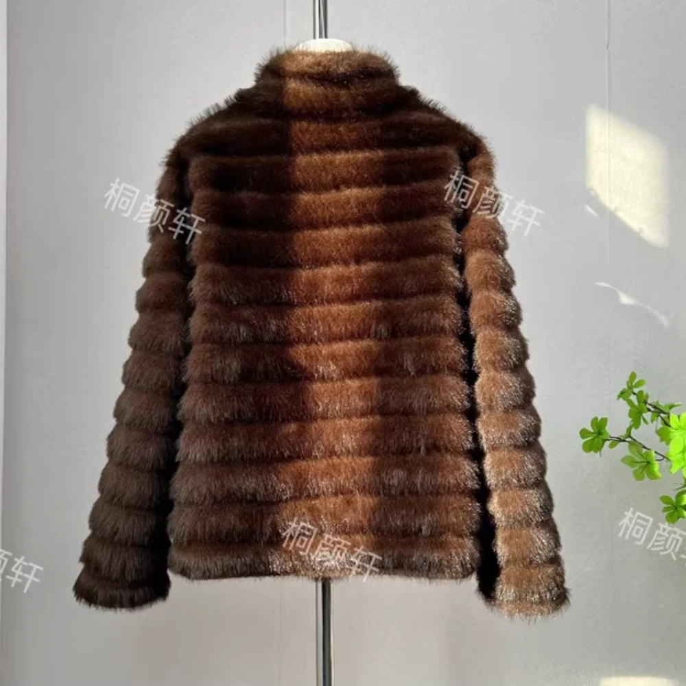 Abrigo de piel sintética de un solo pecho para mujer, chaquetas gruesas de felpa de invierno, elegante, a la moda, estilo coreano, cuello levantado, manga larga