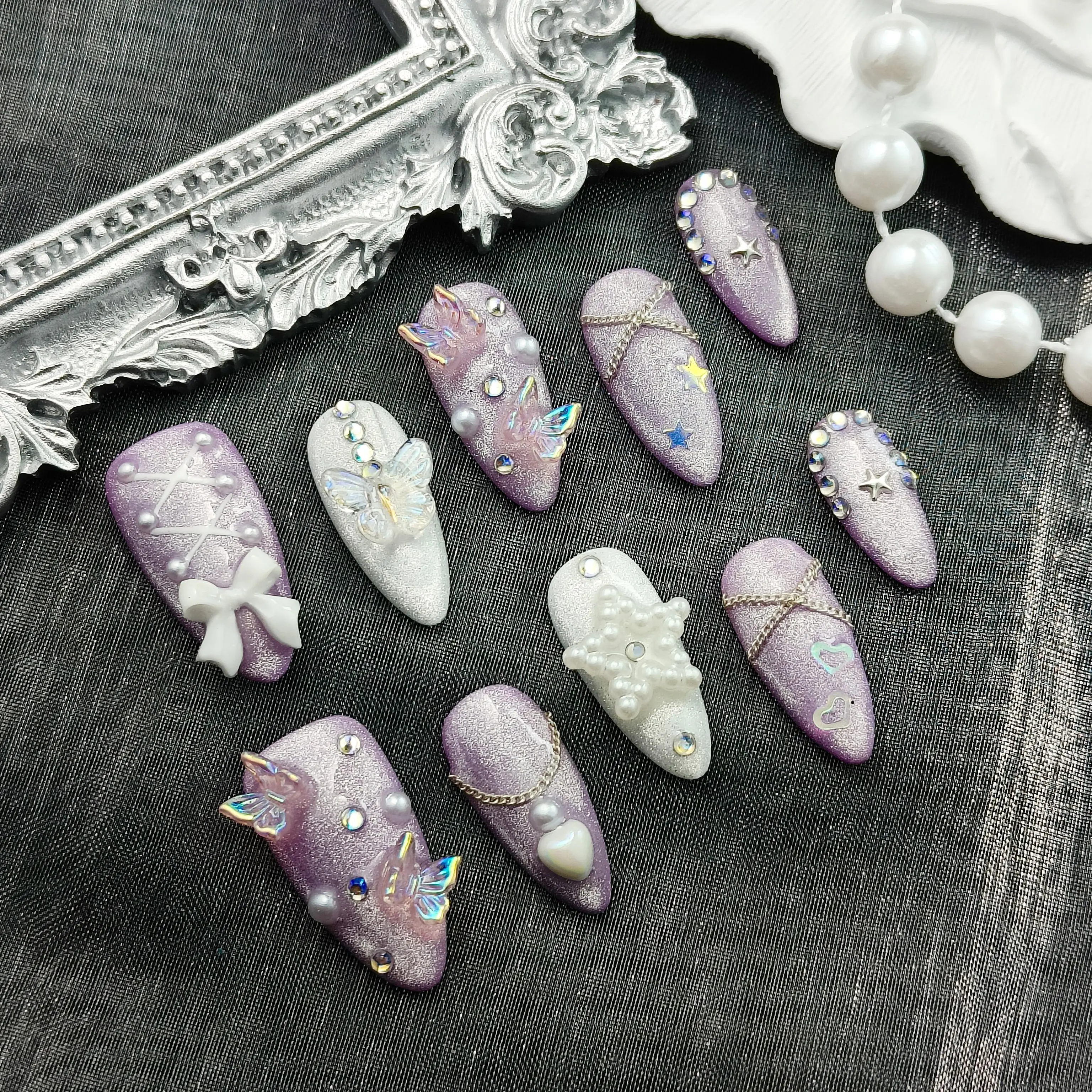 

10 Pcs Handmade Purple Press On Nails - Pastel Purple 3D Butterfly Style Art,Purple 3D Butterfly Press On Nails, Pearl & Bow