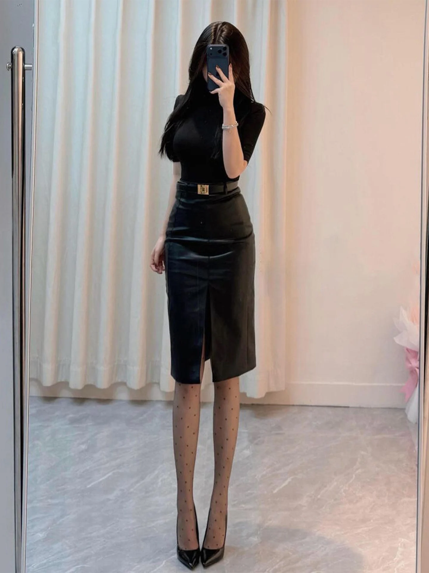 Elegant Black Mid-Leg Slit PU Leather Skirt Women's Autumn High-End Feelings Mid-Length Wrap around Skirt Half-length Skirts