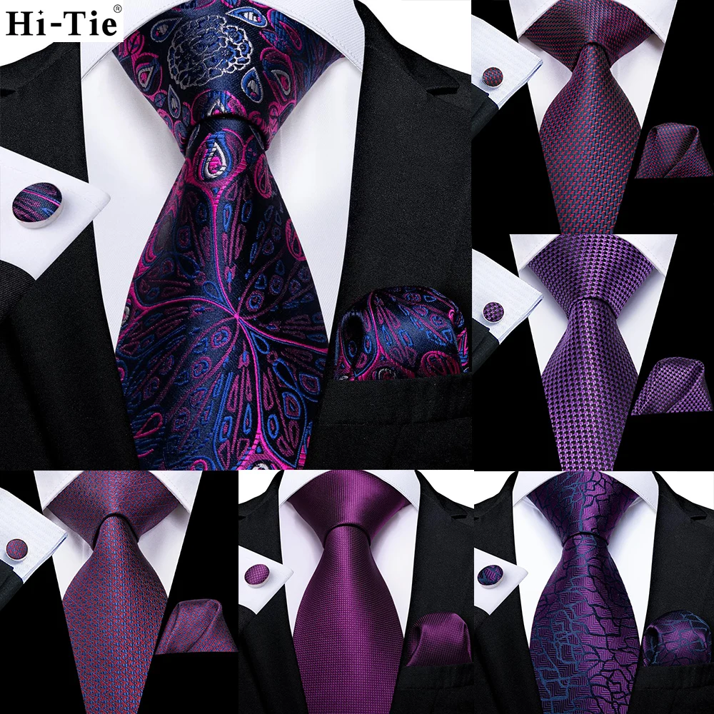 Hi-Tie-corbata de boda de seda de Cachemira lisa púrpura para hombre, diseño novedoso, gemelos prácticos, regalo, conjunto de corbata para fiesta y negocios, triangulación de envíos