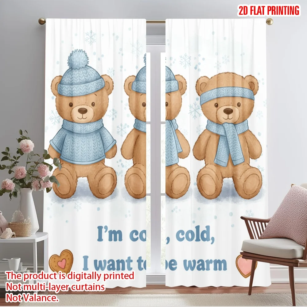 

2pcs 2D flat printing Curtains Winter Teddy Bears Cozy Warm Polyester Without Electricity Festive Holiday Perfect for room decor