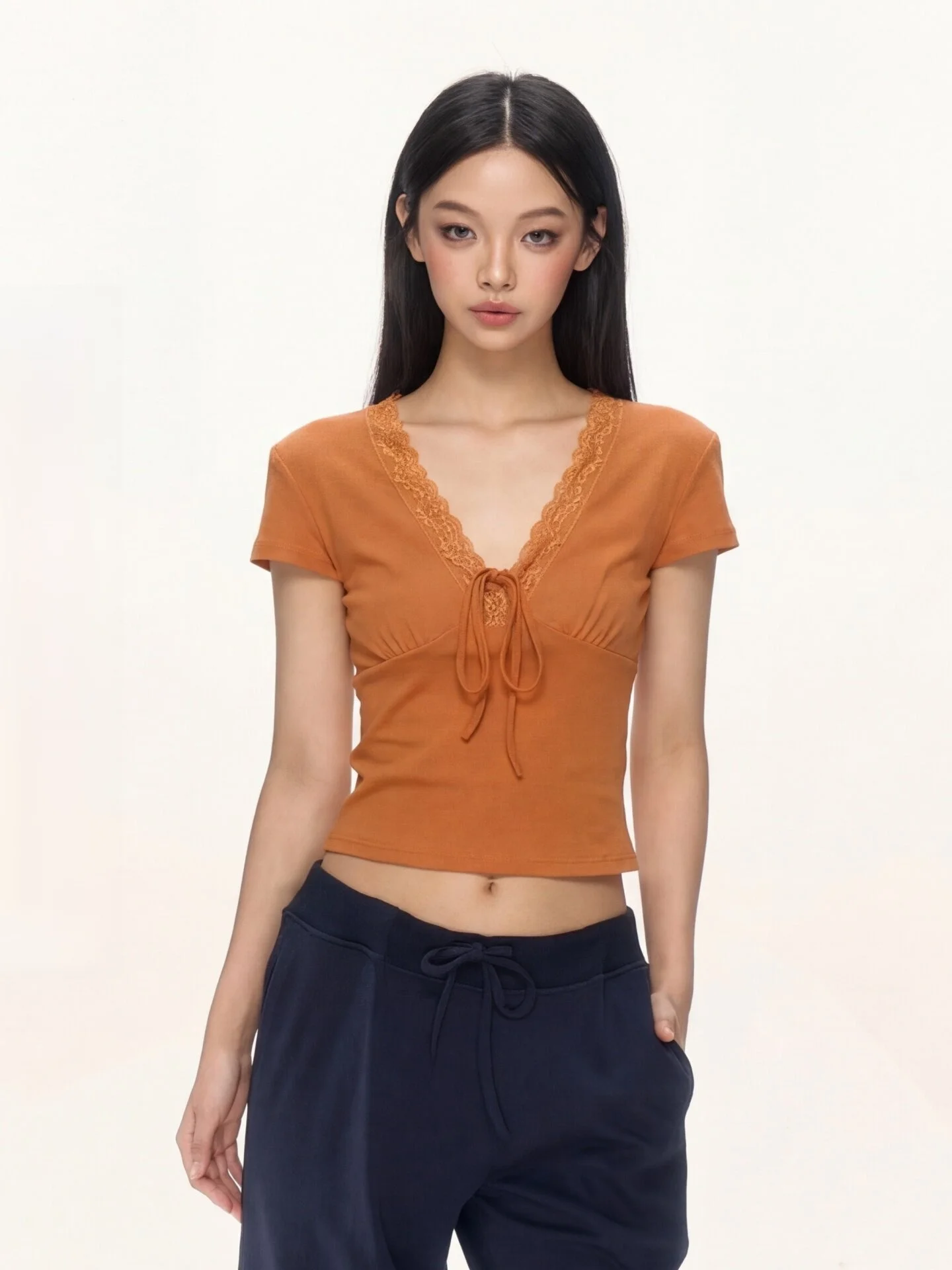 

Nova B Orange V-neck Lace Tie Short Sleeve T-shirt Women Summer Slim Fit Short Style Casual Loose Type Long Sleeve