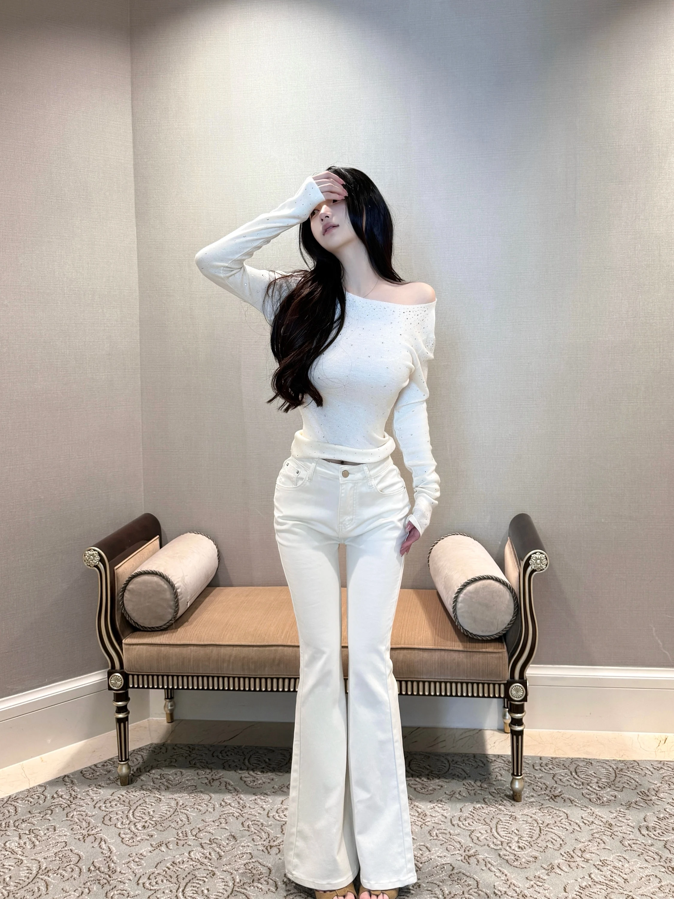 

Женские джинсы Qiauuu с высокой талией, облегающие, с высокой эластичностью, микро-клеш, длинные брюки, Cleanfit, осенняя мода, женские джинсы