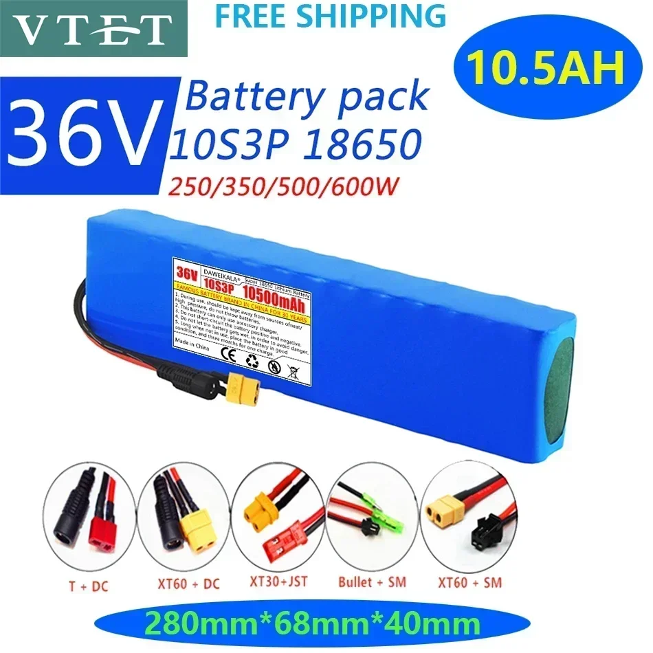 

2024 New 36V 10.5Ah Ebike 18650 Battery Li-ion Batteries 10S3P 350W 500W High Power High Quality Battery Pack DIY Production