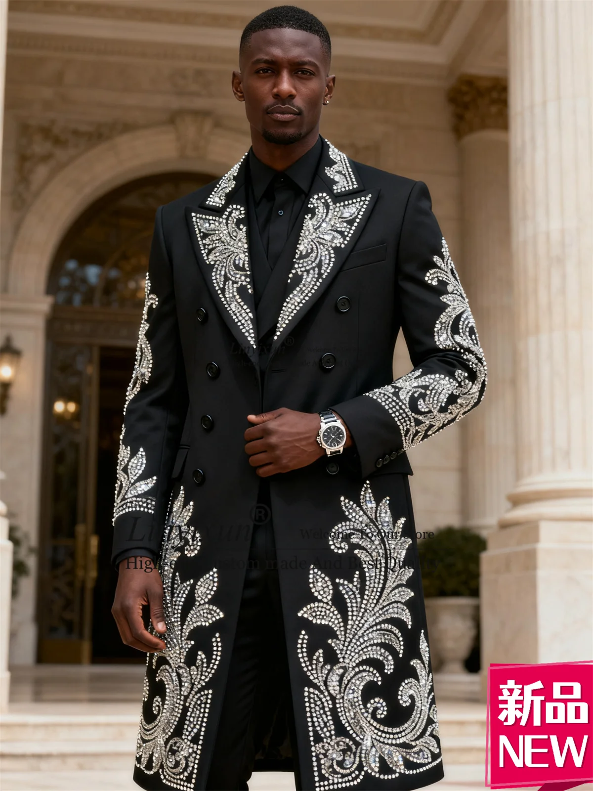 

Long Coats Pants Crystal Diamond Men Suits 3 Pieces Groom Male Blazers Customized Wedding Party Tuxedos Handsome Ropa hombre