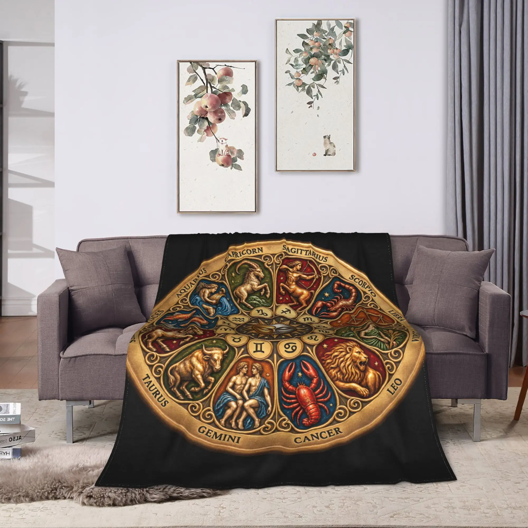 Astrology Lovers12 Zodiac Wheel Signs Astrology Sun Moon Plush Blanket Flannel Throw Blanket For Bedroom Warm Soft Bedspread