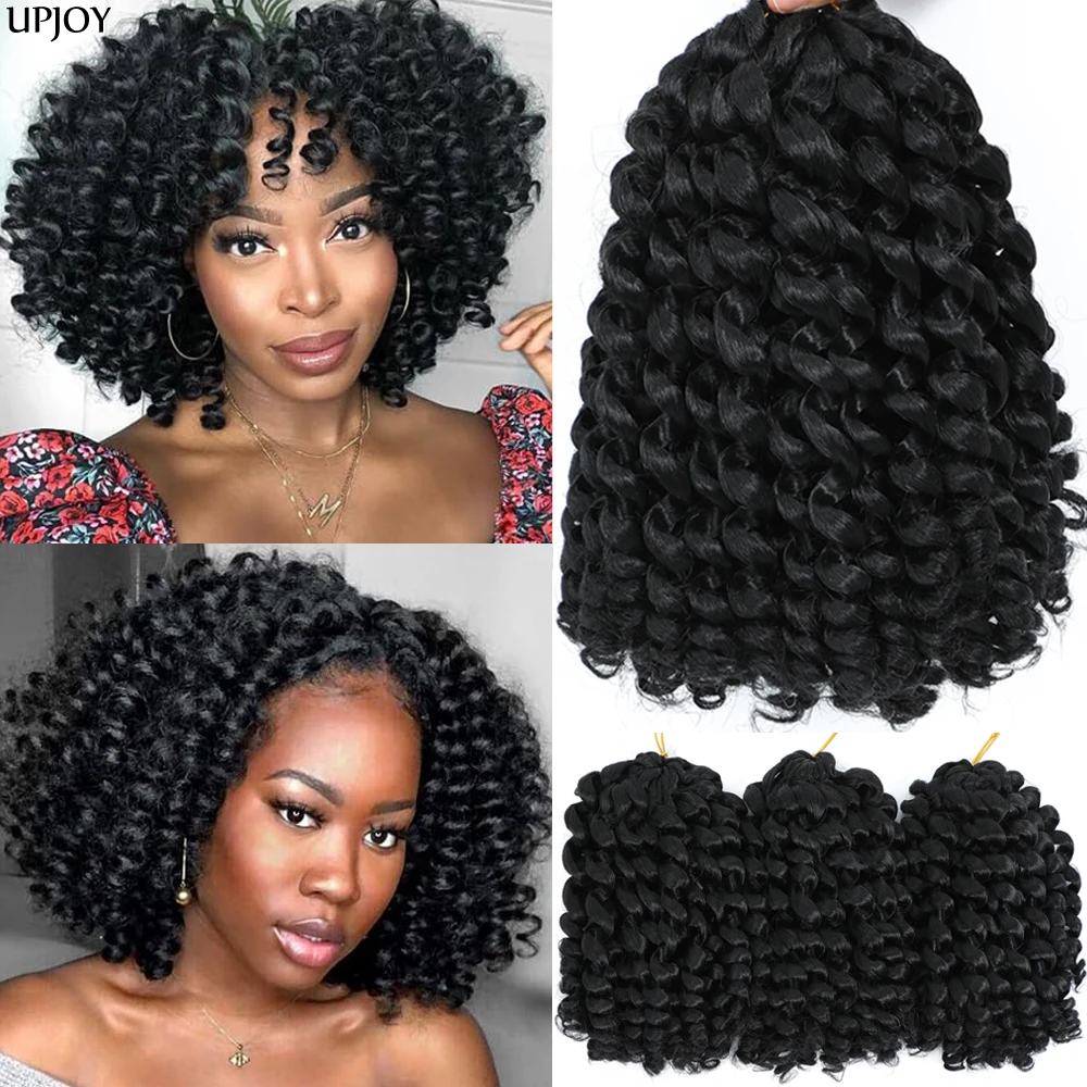 Extensiones de cabello de ganchillo Jumpy Wand Curl Jamaican Bounce de 8 pulgadas, 1-6 paquetes, rizos naturales negros, cabello de ganchillo corto y rizado para trenzas.