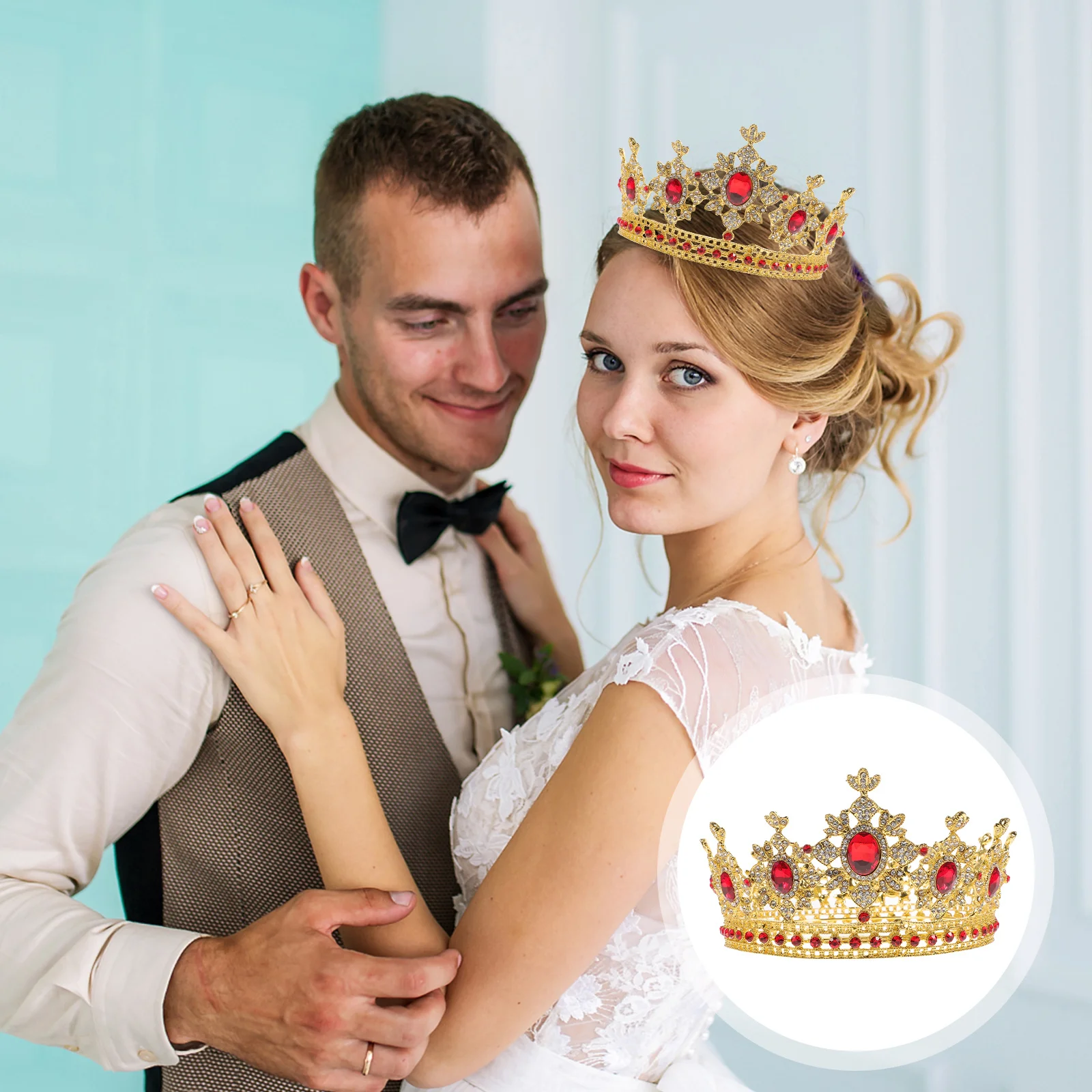 

1pc Alloy Rhinestone Crown Round Shape Gold Red Bride Headdress For Wedding Party Prom Photography Women Hair Styling Tool