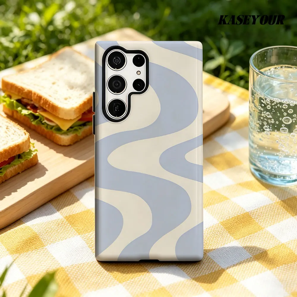 Pale Blue Curved Wave For Samsung Galaxy Phone Case S23 A57 S20 S25 FE S26 Plus S24 Ultra A56 A37 2-IN-1 Shockproof Bumper